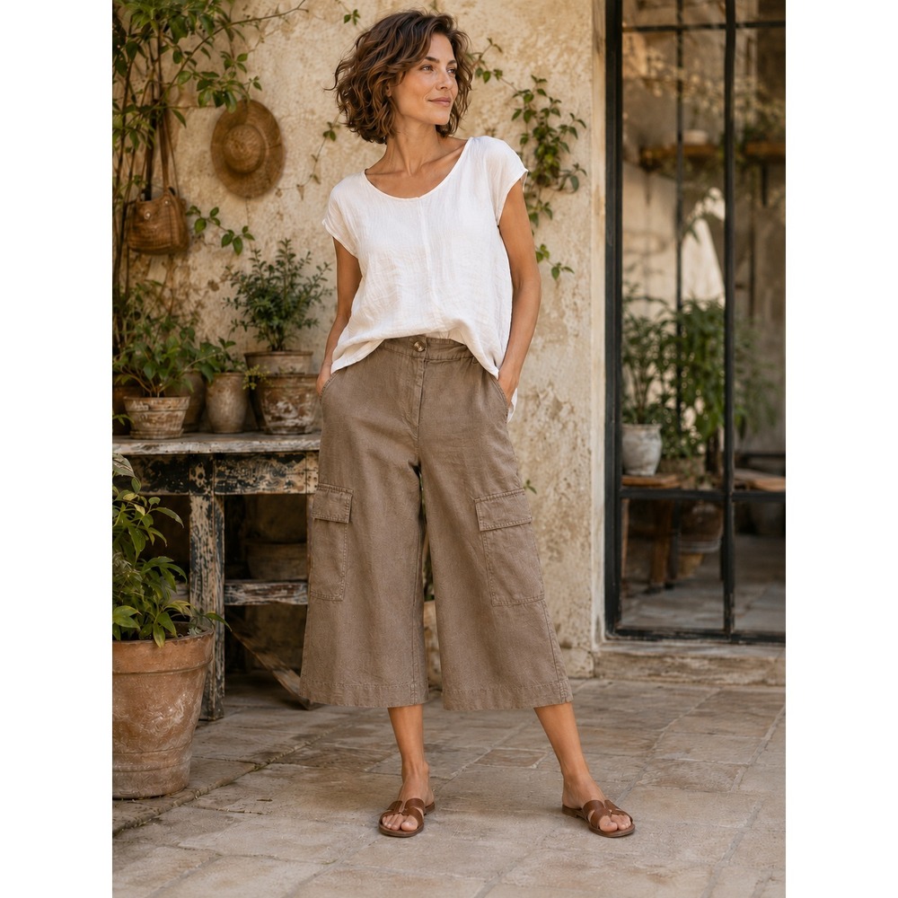 Chico's Wide Leg 100% Linen Faded Brown Relaxed Cargo Crop Pants Size 2 US 12 - Picture 16 of 16